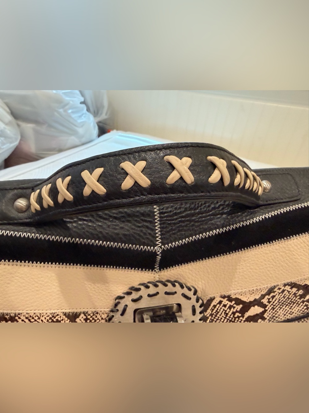 Isabella Fiore Black and Cream Python-Print Top-Handle Satchel - Picture 7 of 13